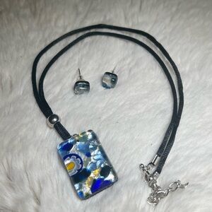 Murano glass Blue and Silver Necklace and Earring Set